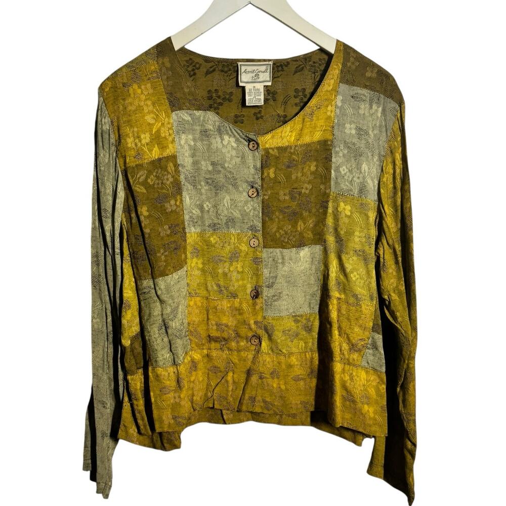 April Cornell Top Women M Mustard Yellow Button‎ Up Patch Pattern Fall Boho Fall
